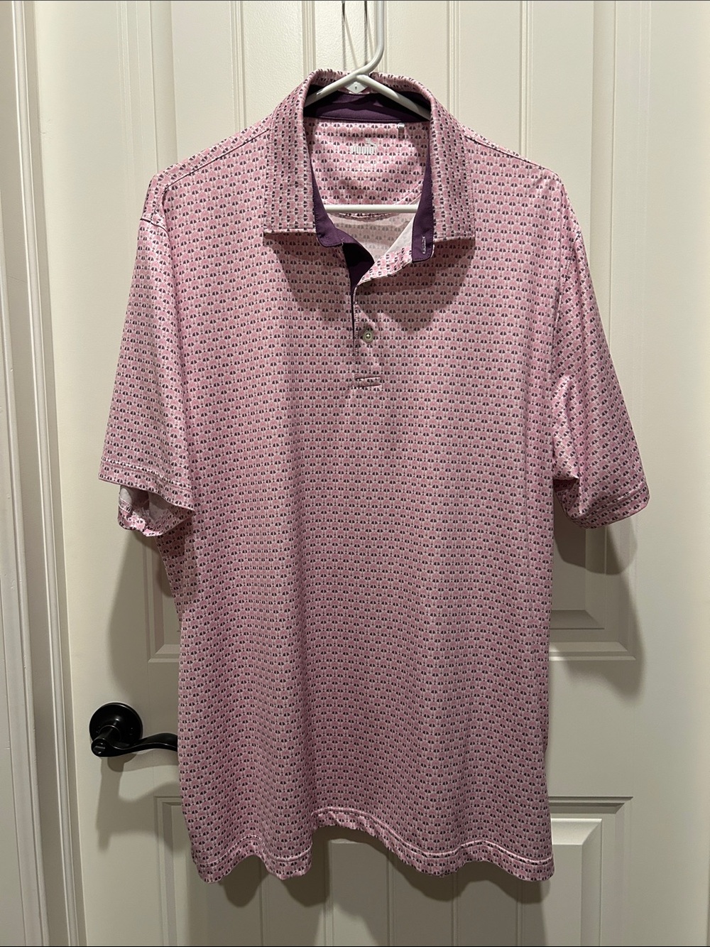 Puma Men's Light Pink Patterned Golf Polo with Purple Trim
